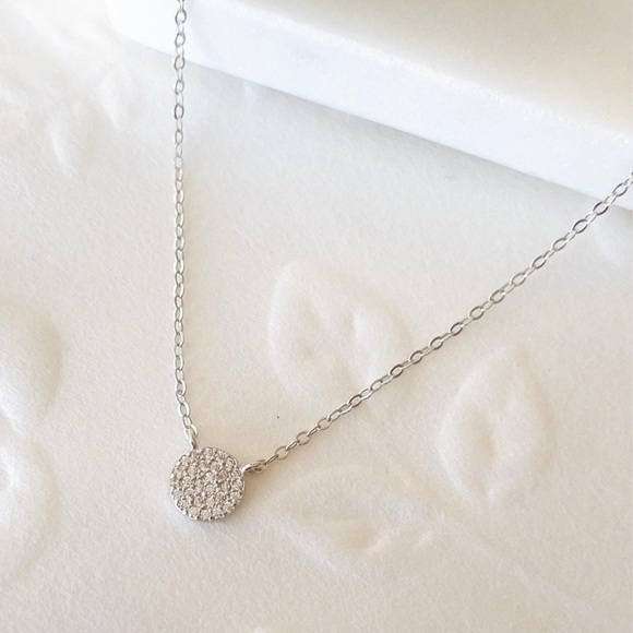 Sterling Silver Pave Round Necklace ,Gold plated Stimulant Pave Circle Disc Neck - Picture 4 of 4